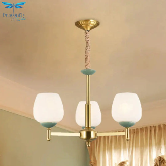Gold Finish 3 Heads Suspension Light Traditional White Glass Tulip Chandelier Pendant Lamp