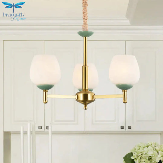 Gold Finish 3 Heads Suspension Light Traditional White Glass Tulip Chandelier Pendant Lamp