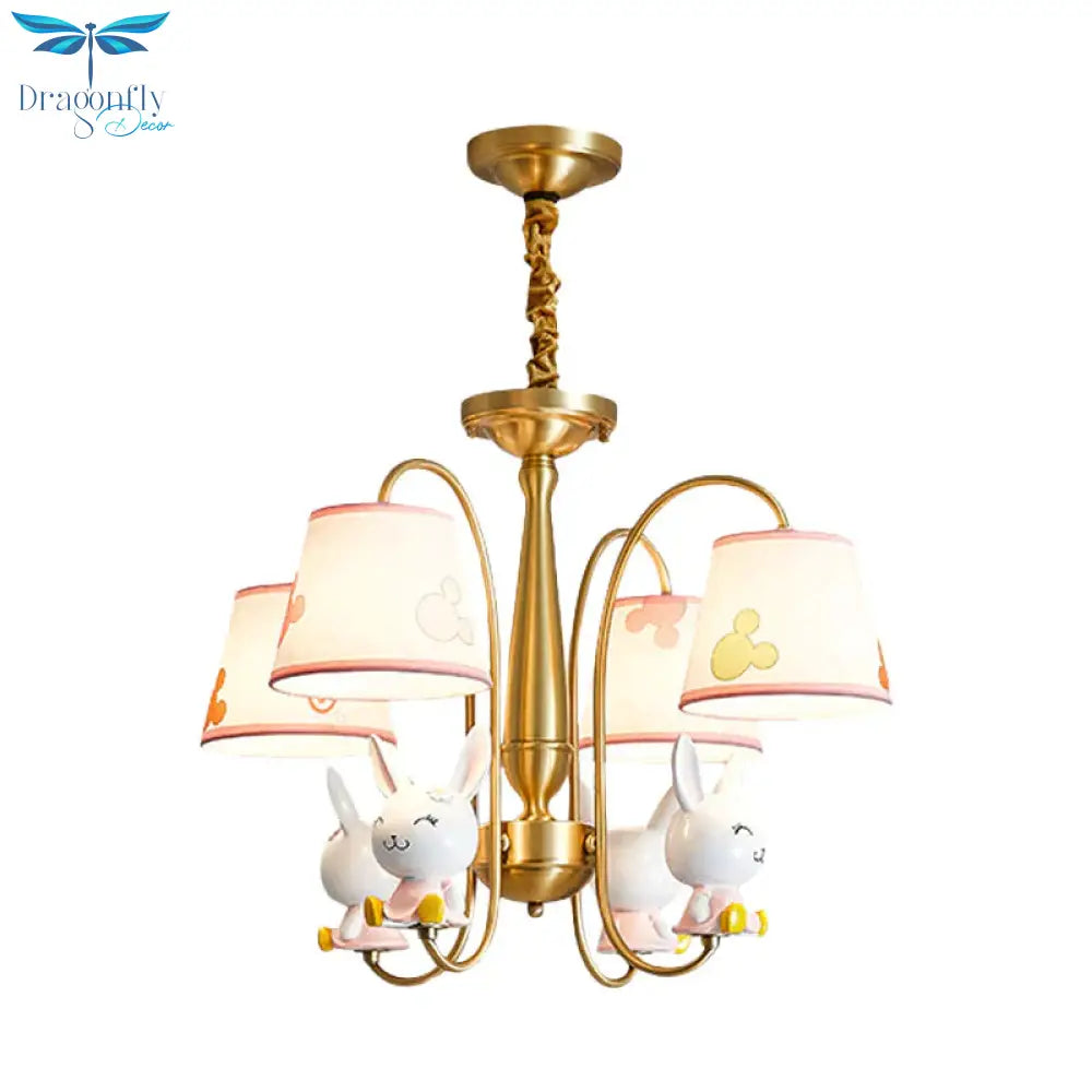 Gold Finish Barrel Shade Chandelier Cartoon 4 Bulbs Fabric Hanging Ceiling Light With Rabbit Deco