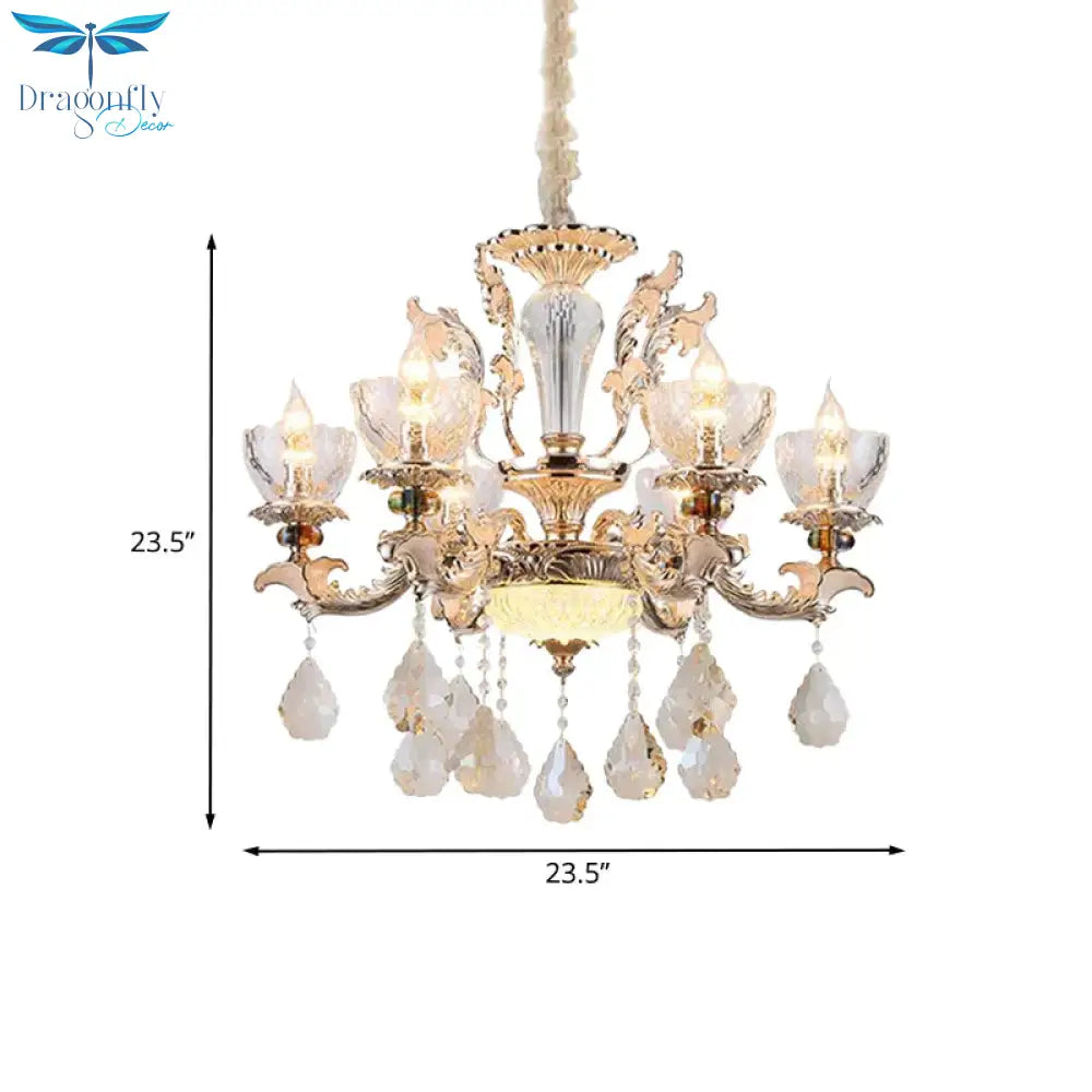 Gold Finish Bowl Shape Pendant Lamp Mid Century 6 Bulbs Clear Crystal Glass Chandelier