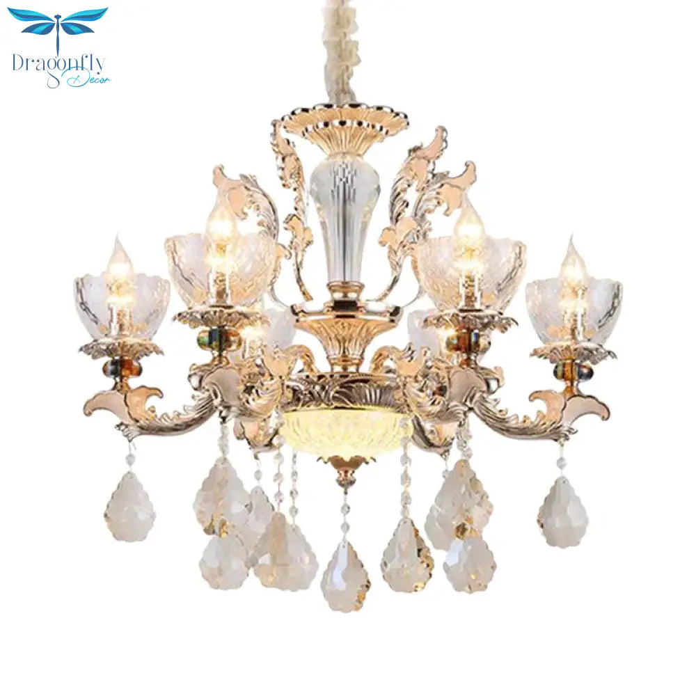 Gold Finish Bowl Shape Pendant Lamp Mid Century 6 Bulbs Clear Crystal Glass Chandelier