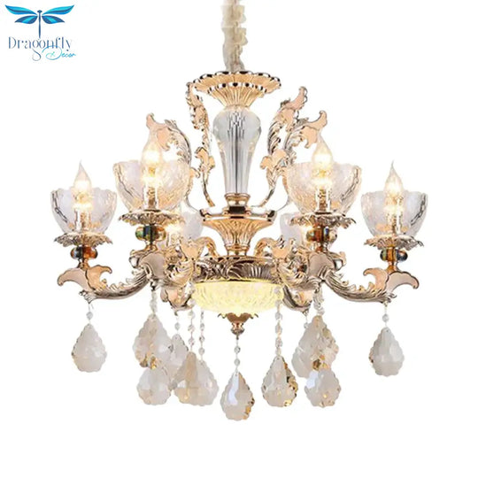 Gold Finish Bowl Shape Pendant Lamp Mid Century 6 Bulbs Clear Crystal Glass Chandelier