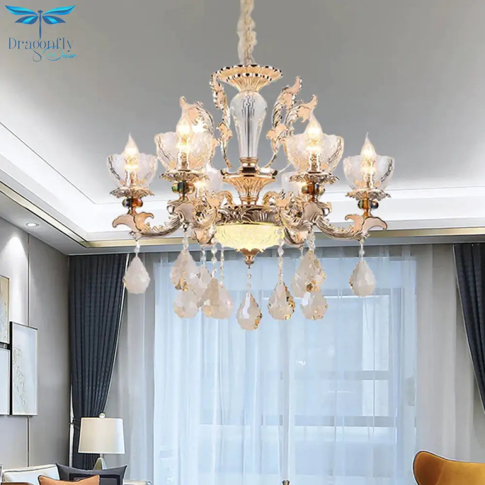 Gold Finish Bowl Shape Pendant Lamp Mid Century 6 Bulbs Clear Crystal Glass Chandelier