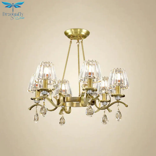 Gold Finish Wheel Chandelier Postmodern Metal 6 - Head Living Room Hanging Lamp With Cone Crystal