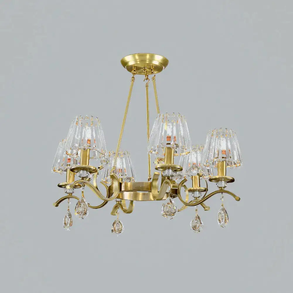 Gold Finish Wheel Chandelier Postmodern Metal 6 - Head Living Room Hanging Lamp With Cone Crystal