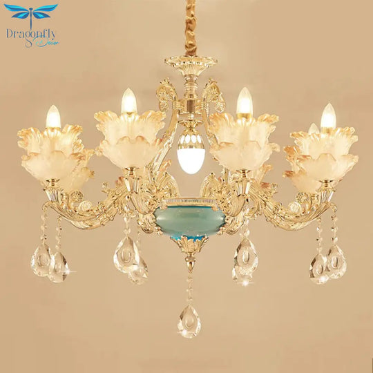 Gold Floral Chandelier Lighting Mid Century Frosted Glass 6/8 Heads Bedroom Pendant With Crystal