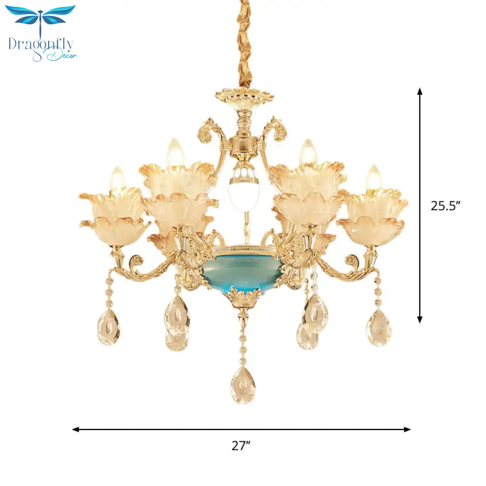 Gold Floral Chandelier Lighting Mid Century Frosted Glass 6/8 Heads Bedroom Pendant With Crystal