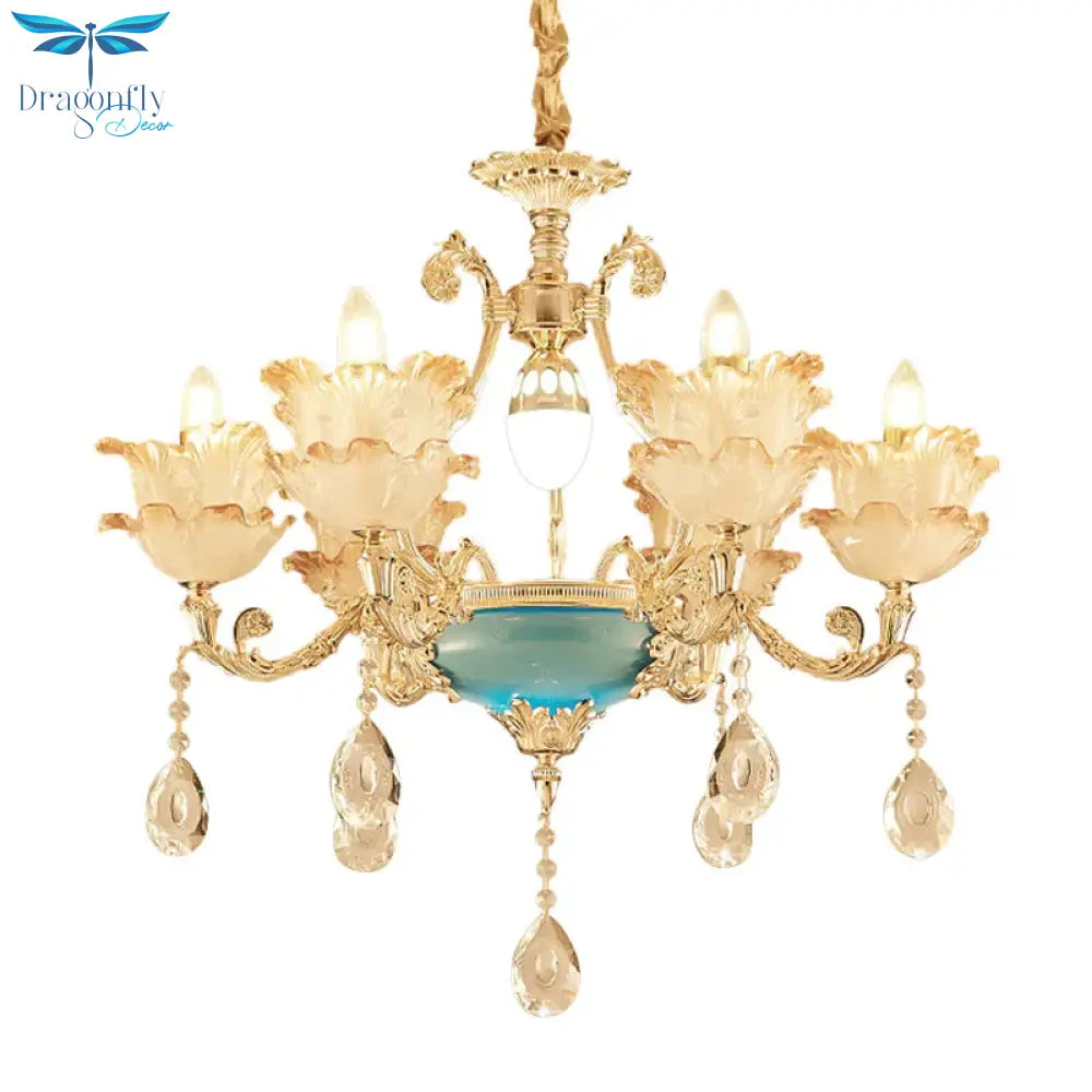 Gold Floral Chandelier Lighting Mid Century Frosted Glass 6/8 Heads Bedroom Pendant With Crystal