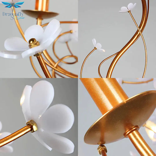 Gold Flower Shaped Chandelier Lamp Country Metal 6 Lights Living Room Hanging Light