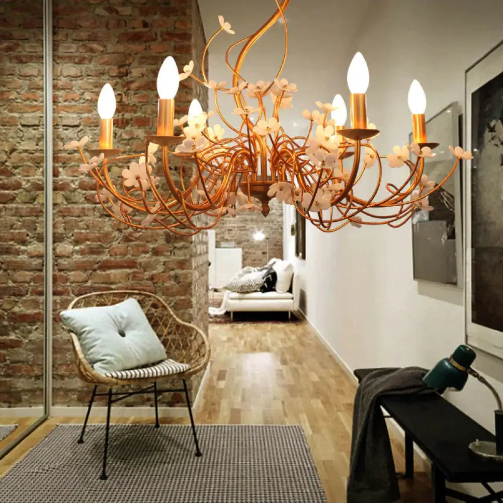 Gold Flower Shaped Chandelier Lamp Country Metal 6 Lights Living Room Hanging Light