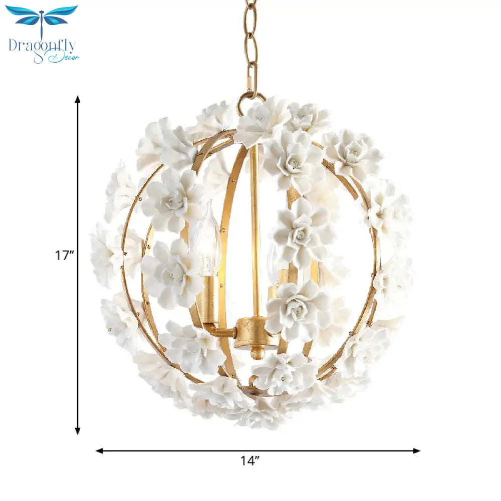 Gold Globe Ceiling Chandelier Modernism Metal 3 Heads Hanging Light Fixture With White Flowers