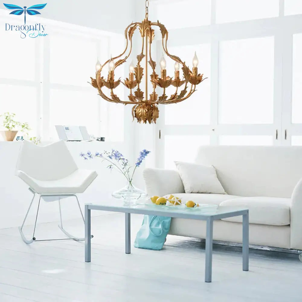 Gold Gourd Chandelier Lighting Traditional Metal 6 Bulbs Pendant Light Fixture For Living Room