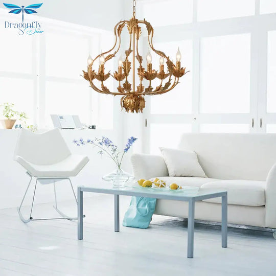 Gold Gourd Chandelier Lighting Traditional Metal 6 Bulbs Pendant Light Fixture For Living Room