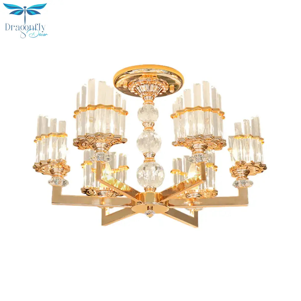 Gold Half - Shade Chandelier Modern Crystal Rod 3/6 Lights Living Room Hanging Pendant