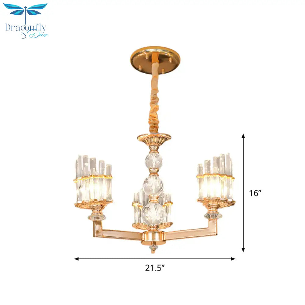Gold Half - Shade Chandelier Modern Crystal Rod 3/6 Lights Living Room Hanging Pendant