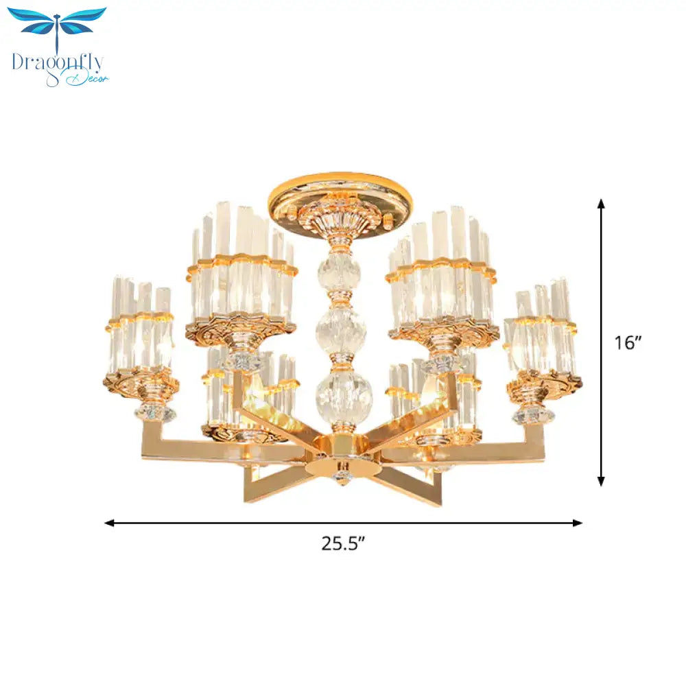 Gold Half - Shade Chandelier Modern Crystal Rod 3/6 Lights Living Room Hanging Pendant