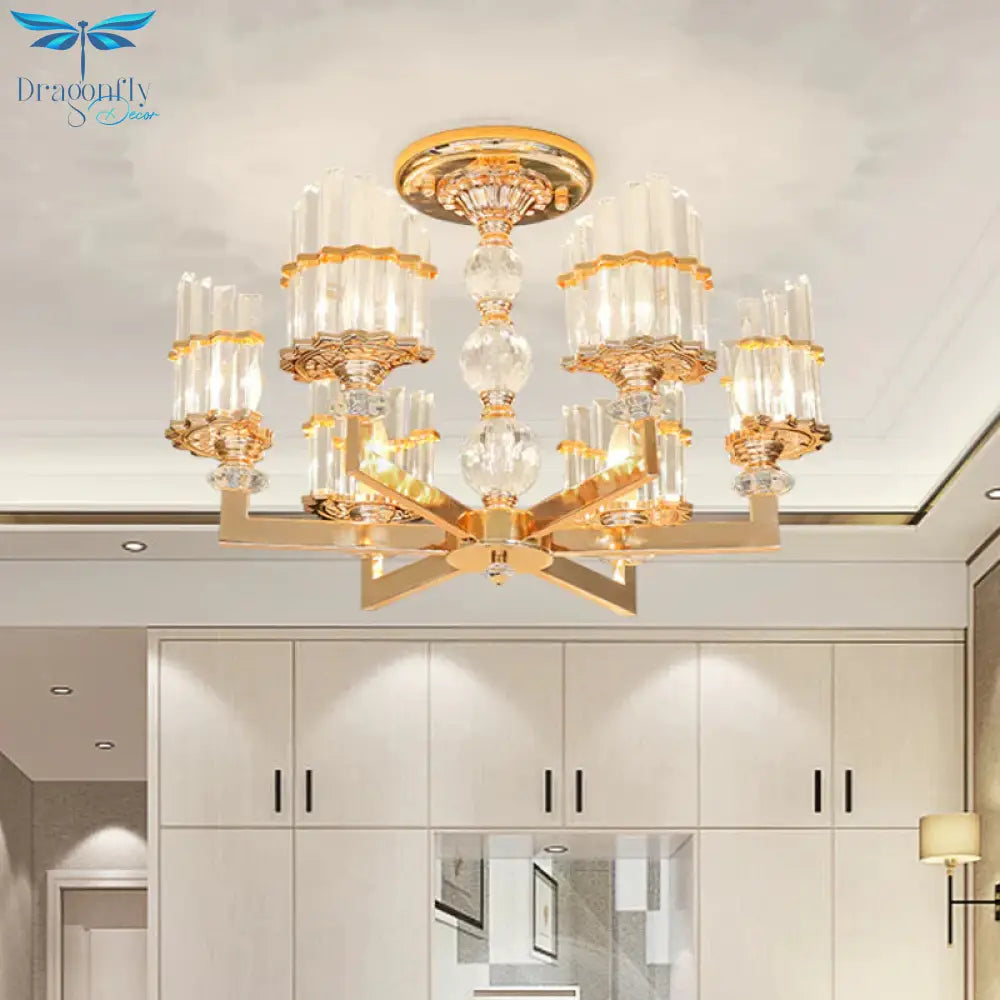 Gold Half - Shade Chandelier Modern Crystal Rod 3/6 Lights Living Room Hanging Pendant