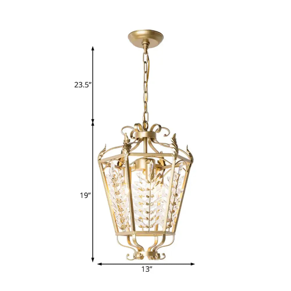 Gold Lantern Chandelier Light Traditional Metal 3 Lights Dining Room Hanging Ceiling With Crystal