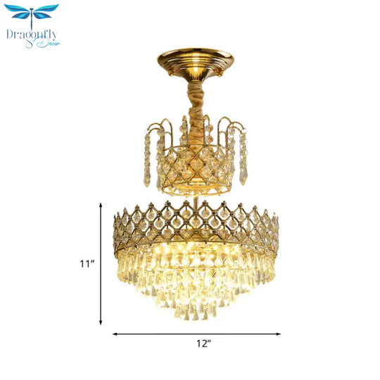 Gold Led Ceiling Pendant Lamp Vintage Crystal Layered Cone Shaped Chandelier For Corridor