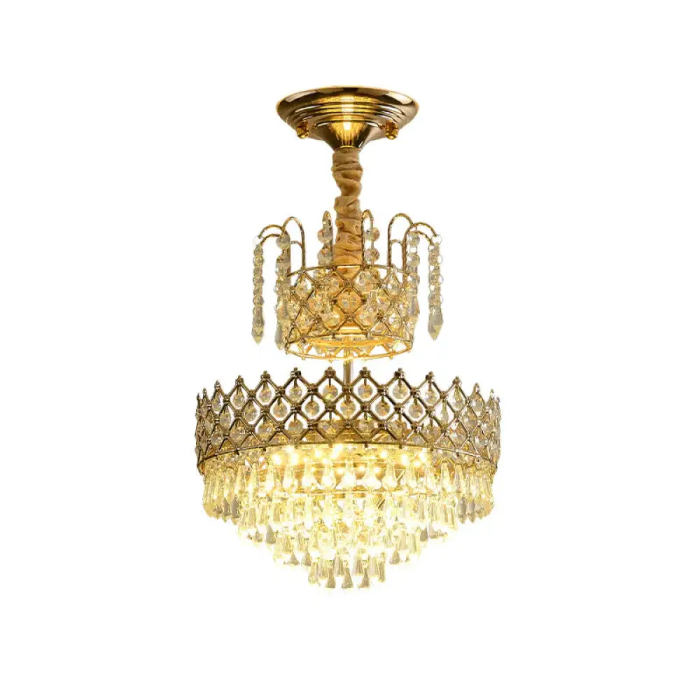 Gold Led Ceiling Pendant Lamp Vintage Crystal Layered Cone Shaped Chandelier For Corridor