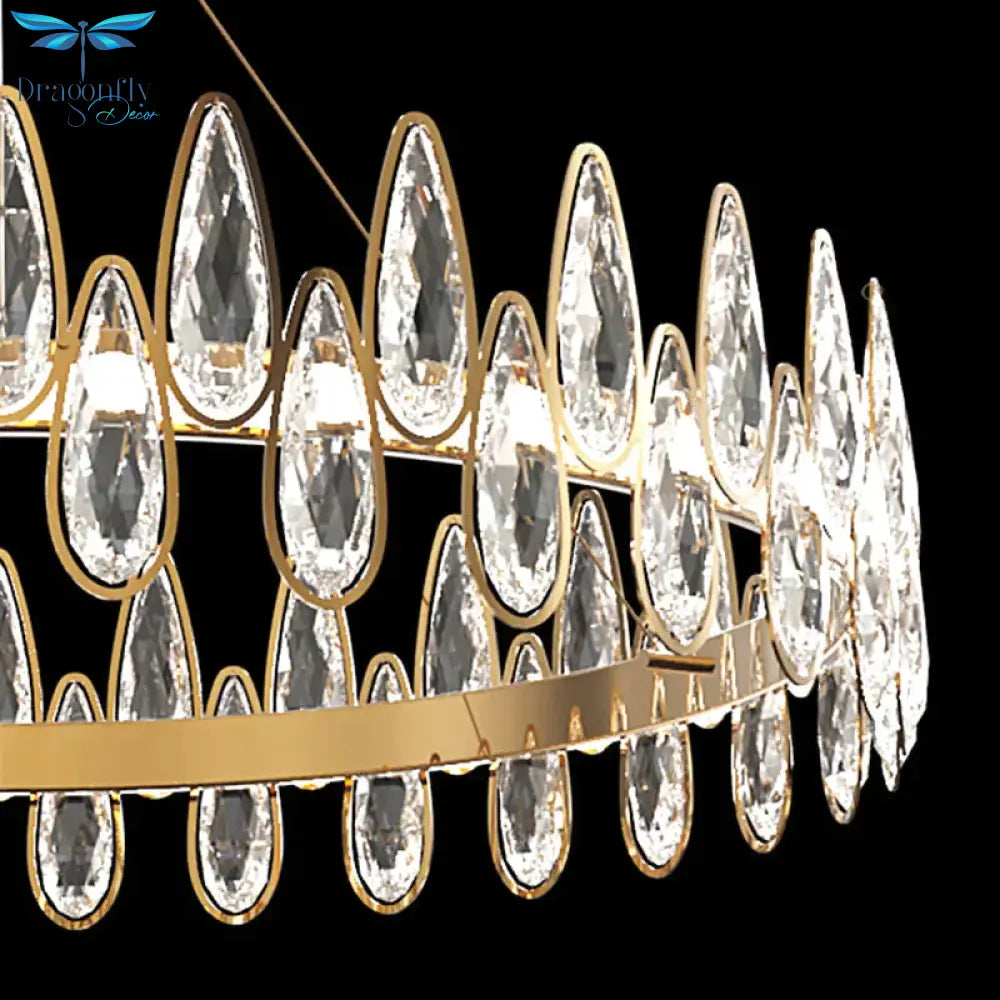 Gold Ring Ceiling Pendant Light Simple Style Teardrop Crystal Living Room Led Hanging Chandelier