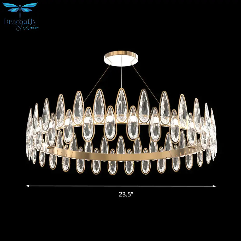 Gold Ring Ceiling Pendant Light Simple Style Teardrop Crystal Living Room Led Hanging Chandelier