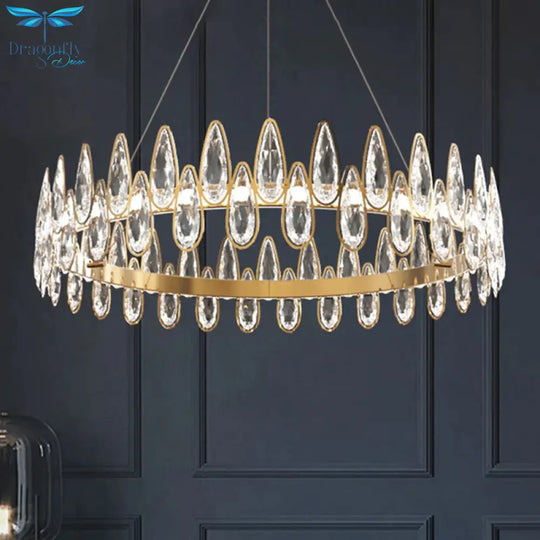 Gold Ring Ceiling Pendant Light Simple Style Teardrop Crystal Living Room Led Hanging Chandelier