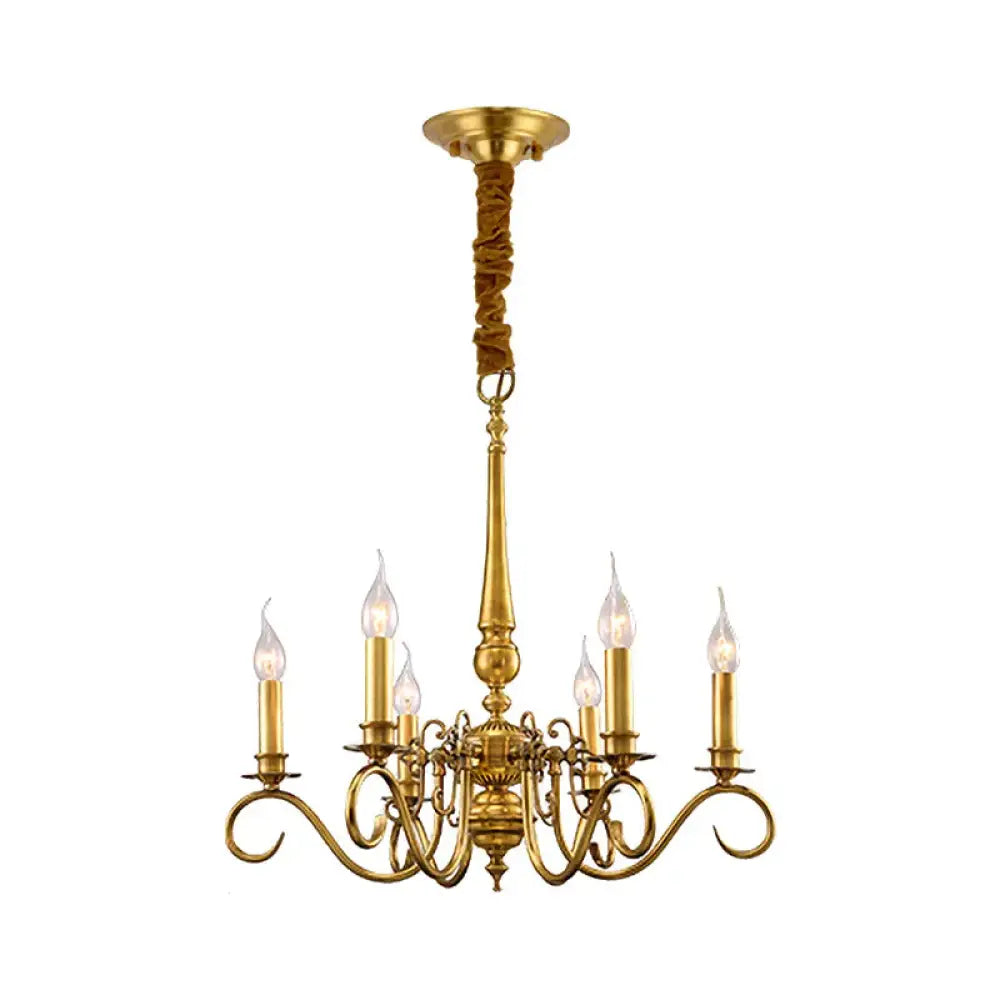 Gold Scrolled Arm Hanging Chandelier Colonial Metal 6 Lights Restaurant Ceiling Pendant
