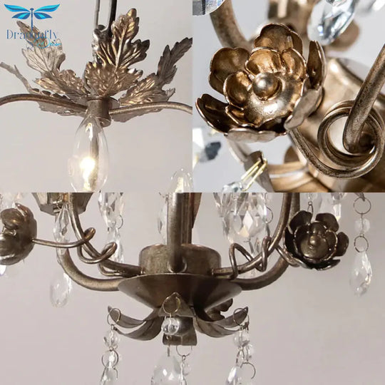 Gold Spur Chandelier Lighting Modern Metal 3 Bulbs Pendant Light Fixture With Crystal Teardrop