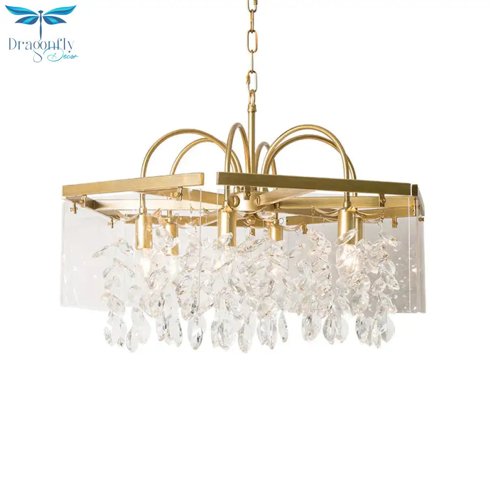 Gold Square Hanging Chandelier Lodge Crystal 4/6/8 Lights Living Room Suspension Pendant
