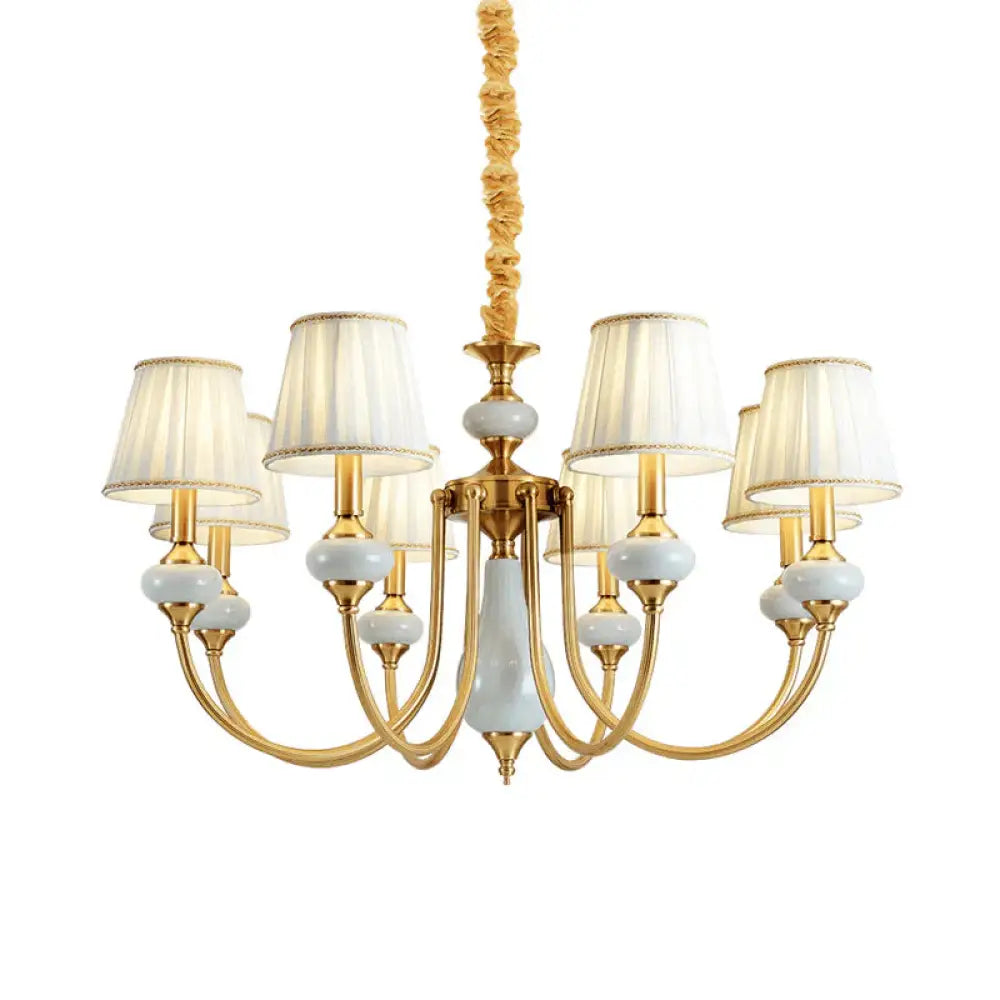 Gold Tapered Pleated Pendant Chandelier Traditional Fabric 8 - Light Dining Room Hanging Ceiling