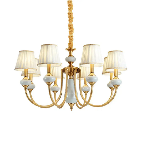 Gold Tapered Pleated Pendant Chandelier Traditional Fabric 8 - Light Dining Room Hanging Ceiling