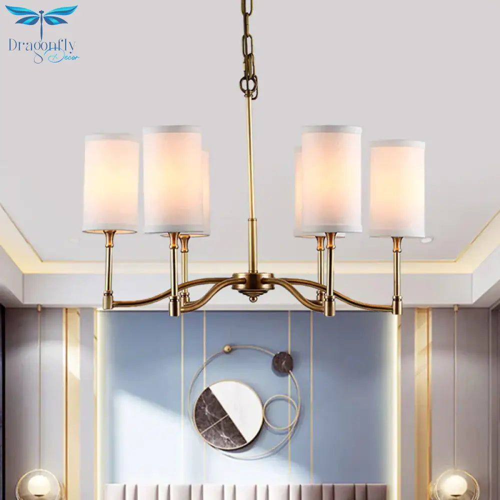 Gold Tubular Pendant Chandelier Colonial Style Fabric 6/9 - Bulb Down Lighting With Twisted Arm For