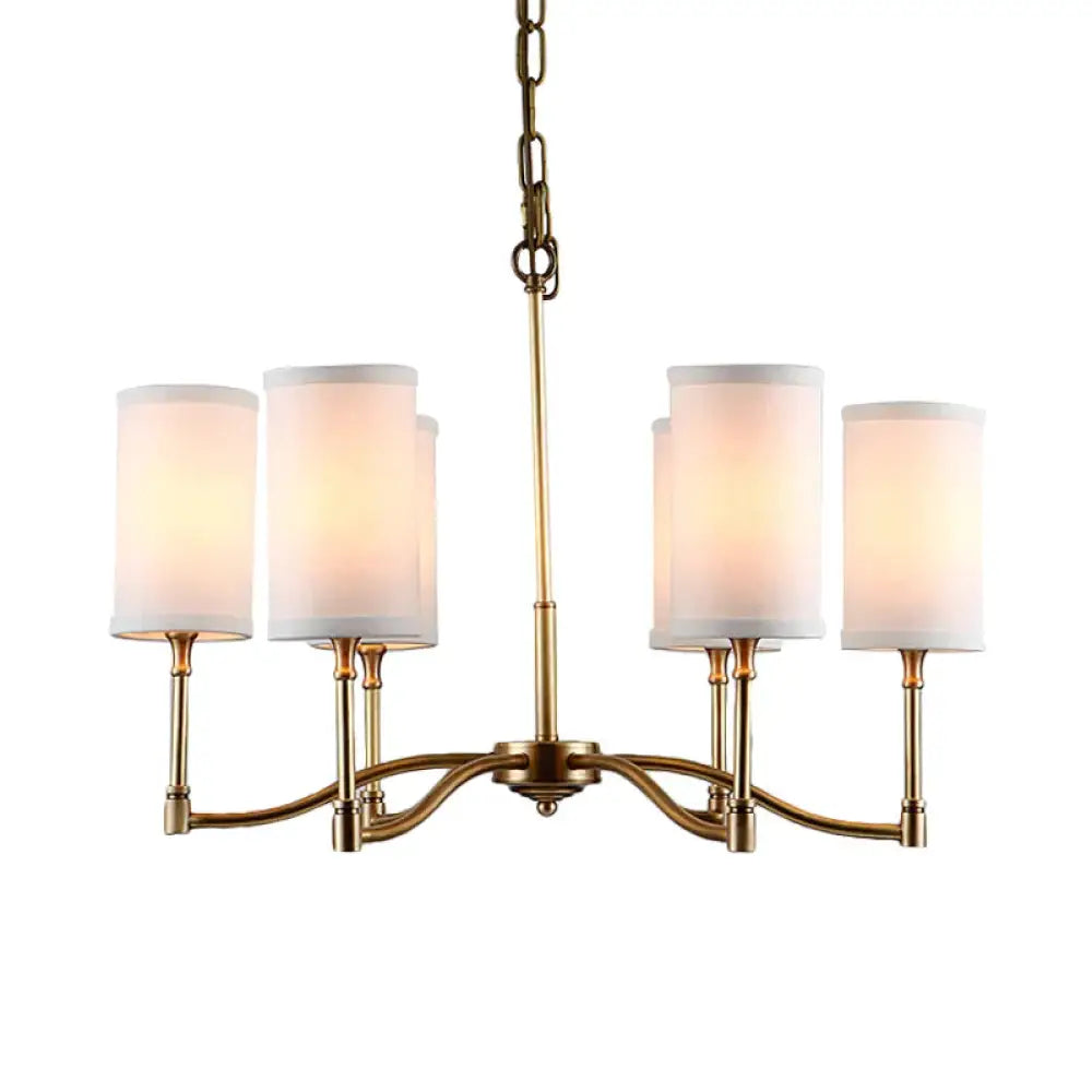 Gold Tubular Pendant Chandelier Colonial Style Fabric 6/9 - Bulb Down Lighting With Twisted Arm For