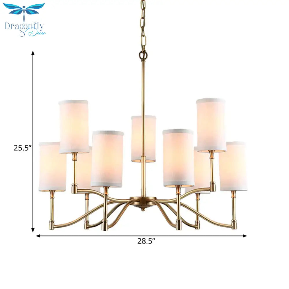 Gold Tubular Pendant Chandelier Colonial Style Fabric 6/9 - Bulb Down Lighting With Twisted Arm For