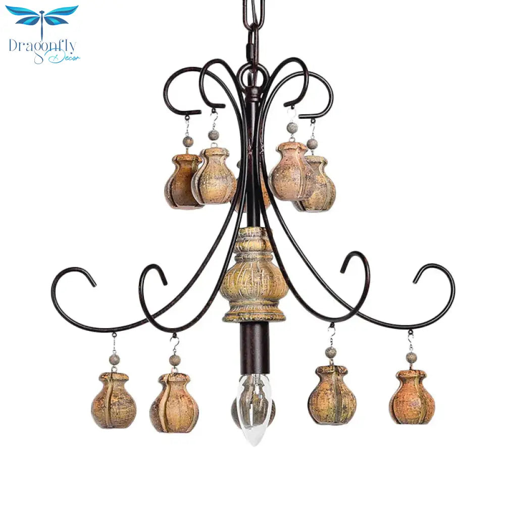 Gourd Bedroom Hanging Lamp Traditional Wood Single Bulb Black Chandelier Pendant Light