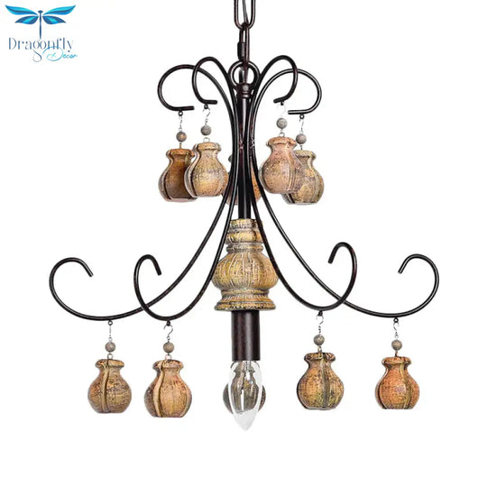 Gourd Bedroom Hanging Lamp Traditional Wood Single Bulb Black Chandelier Pendant Light