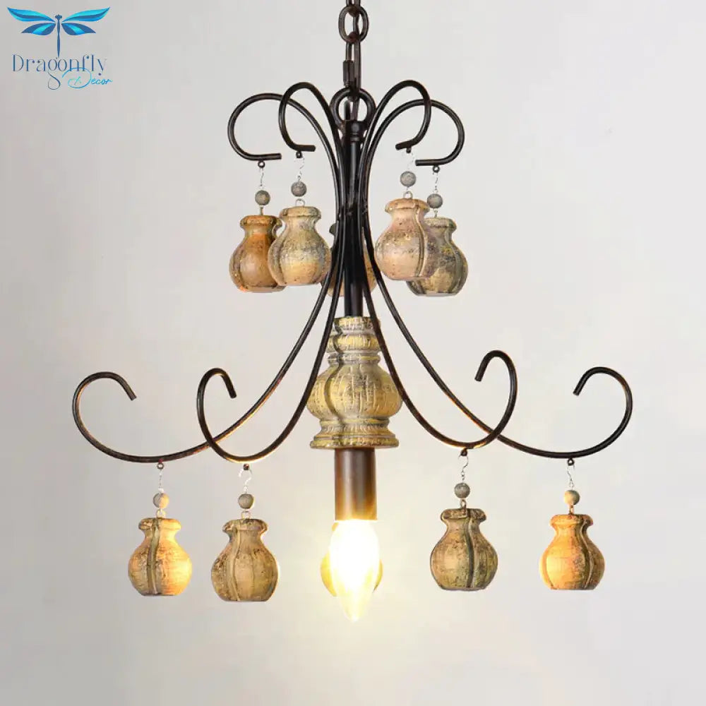 Gourd Bedroom Hanging Lamp Traditional Wood Single Bulb Black Chandelier Pendant Light