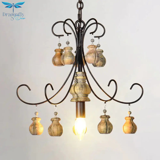 Gourd Bedroom Hanging Lamp Traditional Wood Single Bulb Black Chandelier Pendant Light