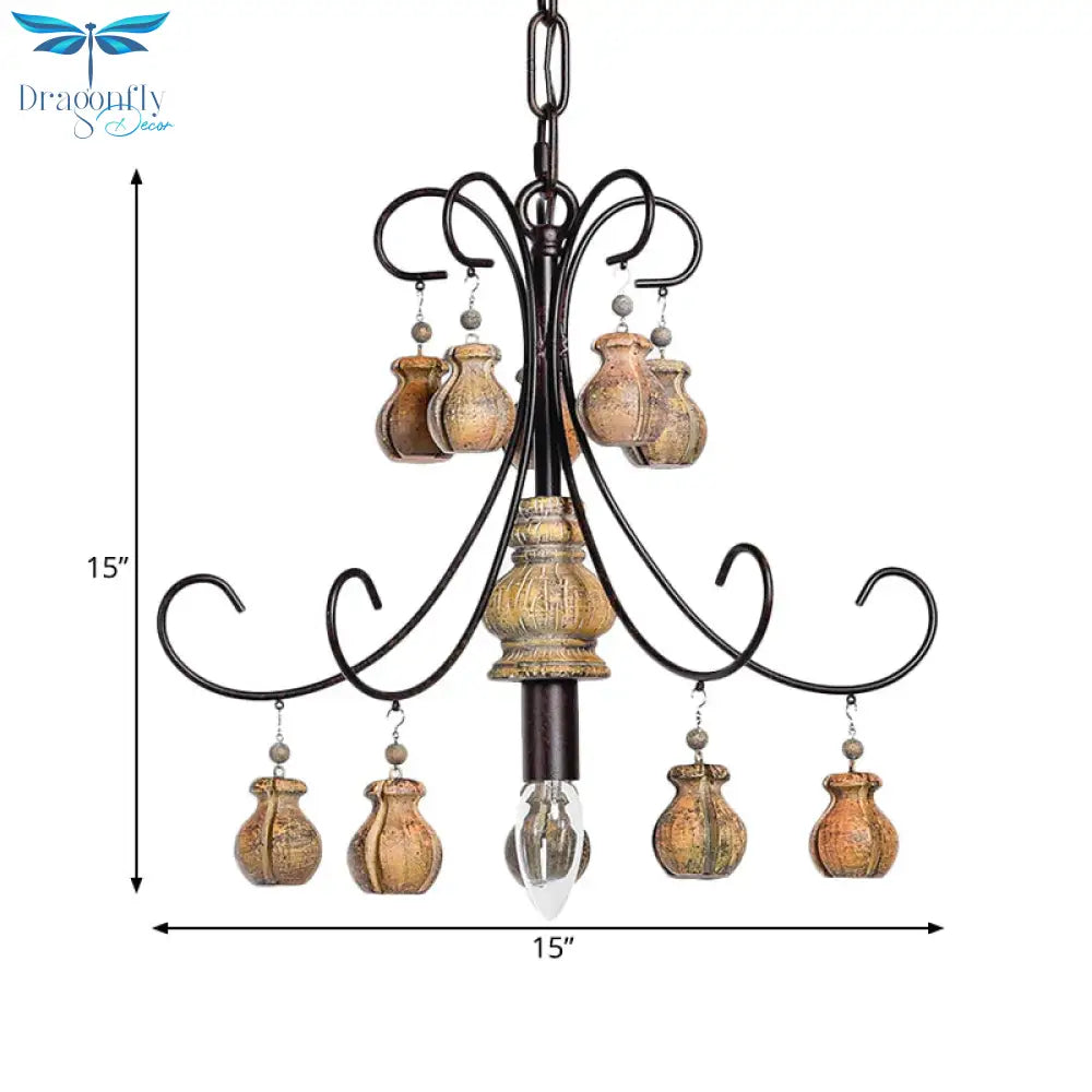 Gourd Bedroom Hanging Lamp Traditional Wood Single Bulb Black Chandelier Pendant Light