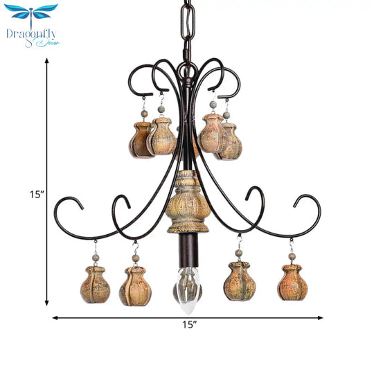 Gourd Bedroom Hanging Lamp Traditional Wood Single Bulb Black Chandelier Pendant Light