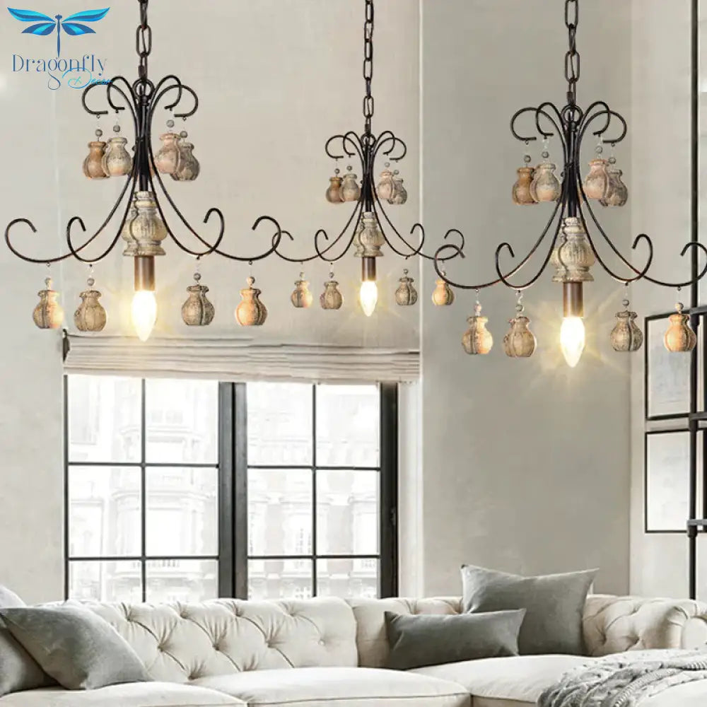 Gourd Bedroom Hanging Lamp Traditional Wood Single Bulb Black Chandelier Pendant Light