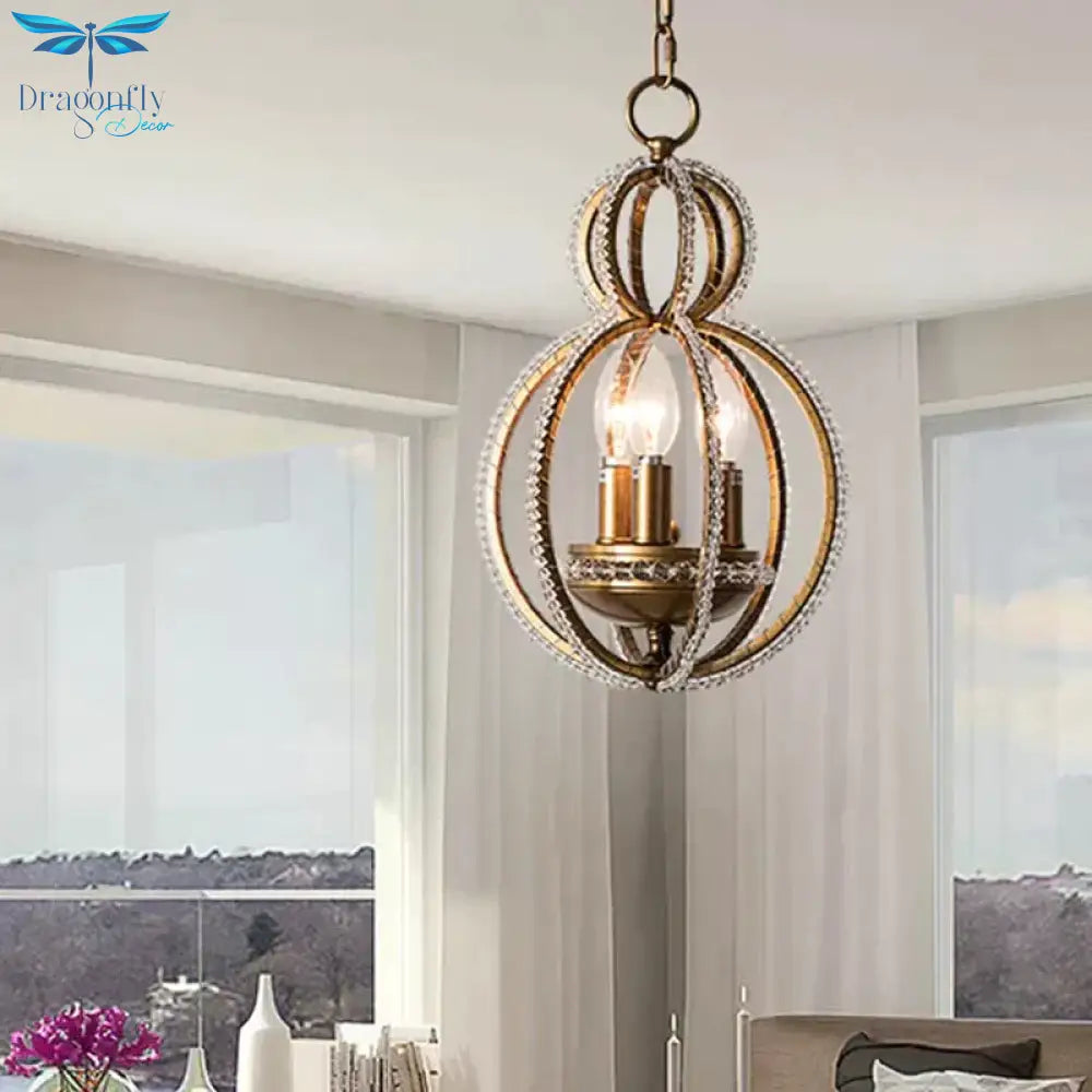 Gourd Metal Hanging Chandelier Retro 3 Heads Brass Ceiling Pendant Light With Crystal Bead