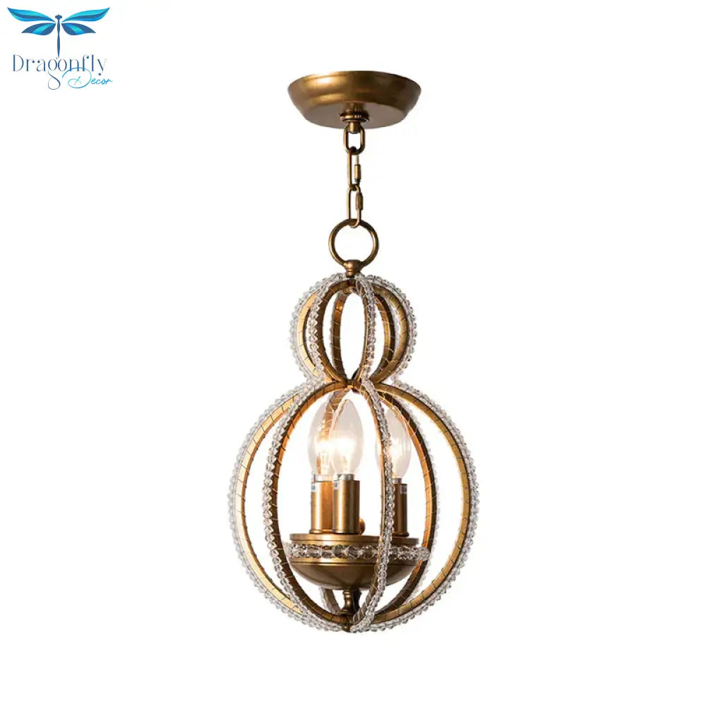 Gourd Metal Hanging Chandelier Retro 3 Heads Brass Ceiling Pendant Light With Crystal Bead