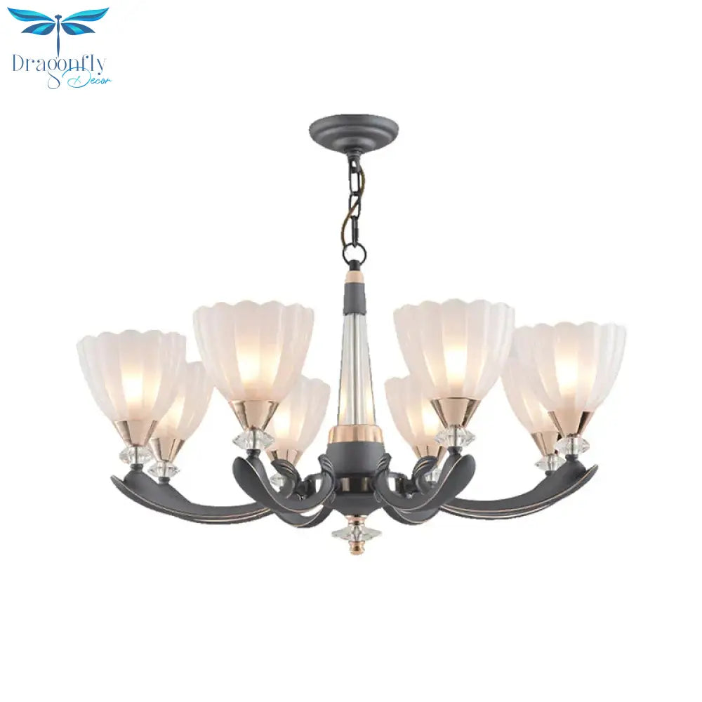 Gray - Gold 6/8 Lights Ceiling Chandelier Traditional White Frosted Glass Flower Up Hanging Lamp