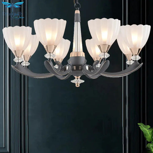 Gray - Gold 6/8 Lights Ceiling Chandelier Traditional White Frosted Glass Flower Up Hanging Lamp