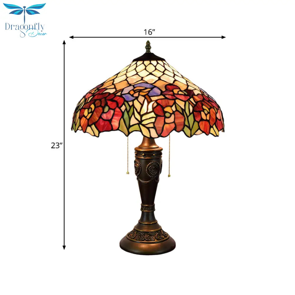 Grazia - Victorian Barn Shade Pull - Chain Night Light Stained Floral Glass 2 - Bulb Bronze Table