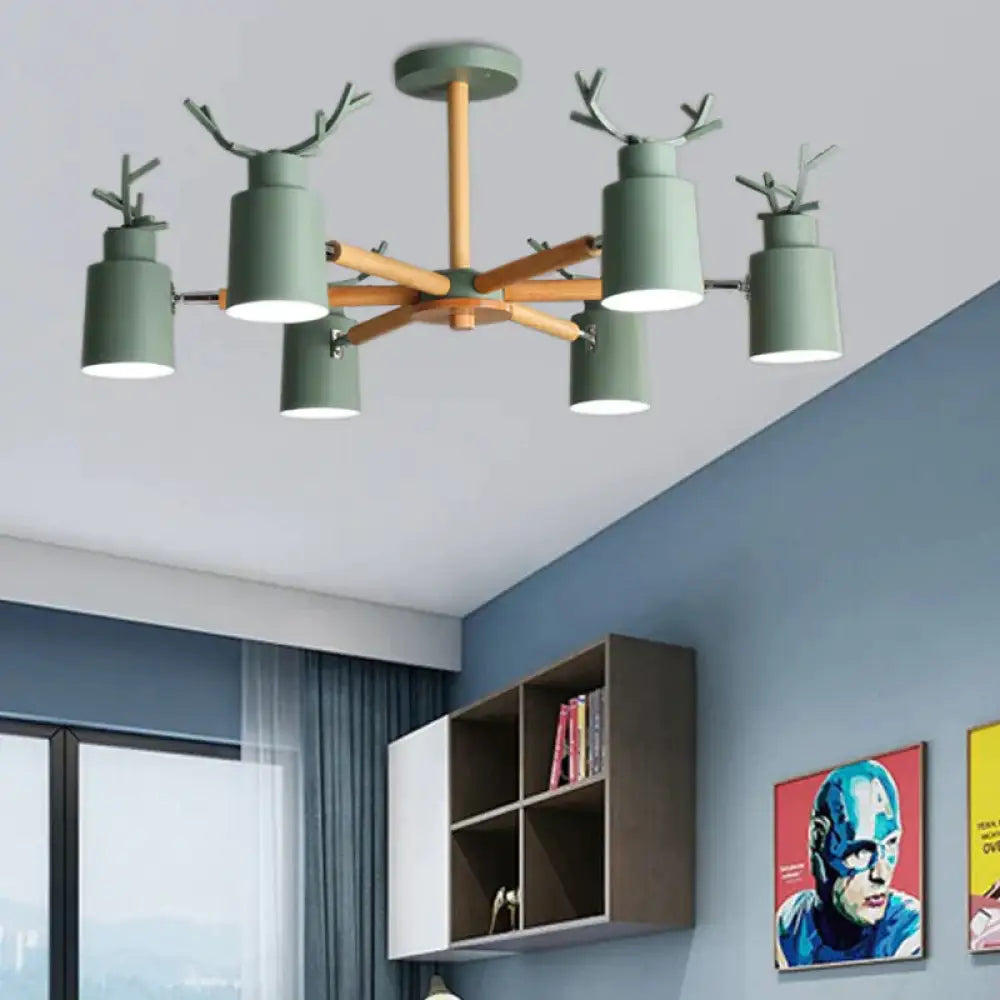 Green Antlers Chandelier Nordic Style Metal 6 Lights Pendant Lighting With Radial Design