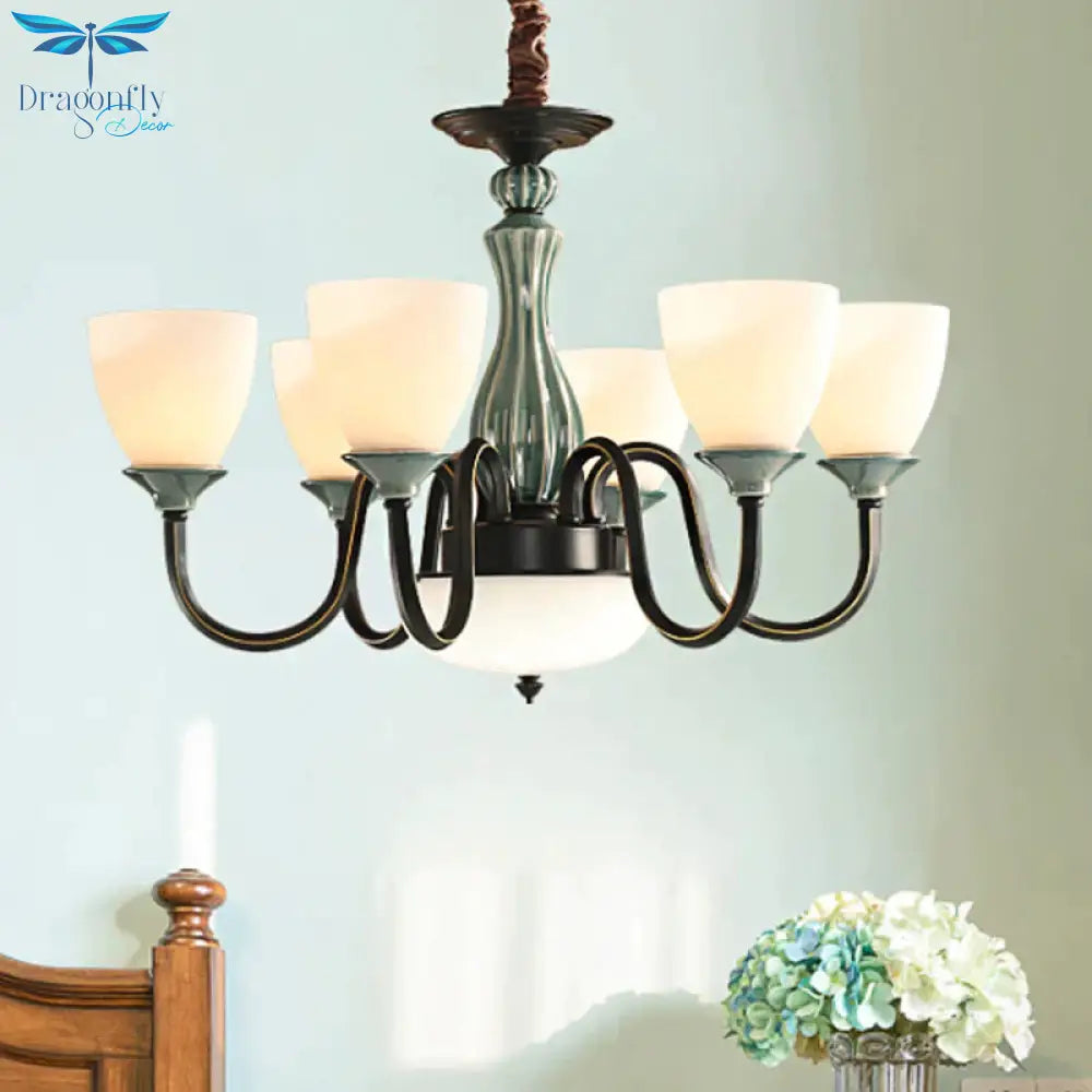 Green - Black Flared Shade Ceiling Chandelier Vintage Style Opal Glass 6/8 - Head Dining Room