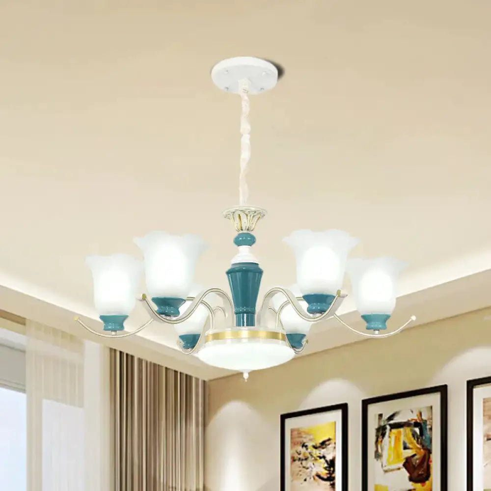 Green Flower Shade Ceiling Hang Fixture Countryside Style Cream Glass 3/6 - Light Bedroom Pendant